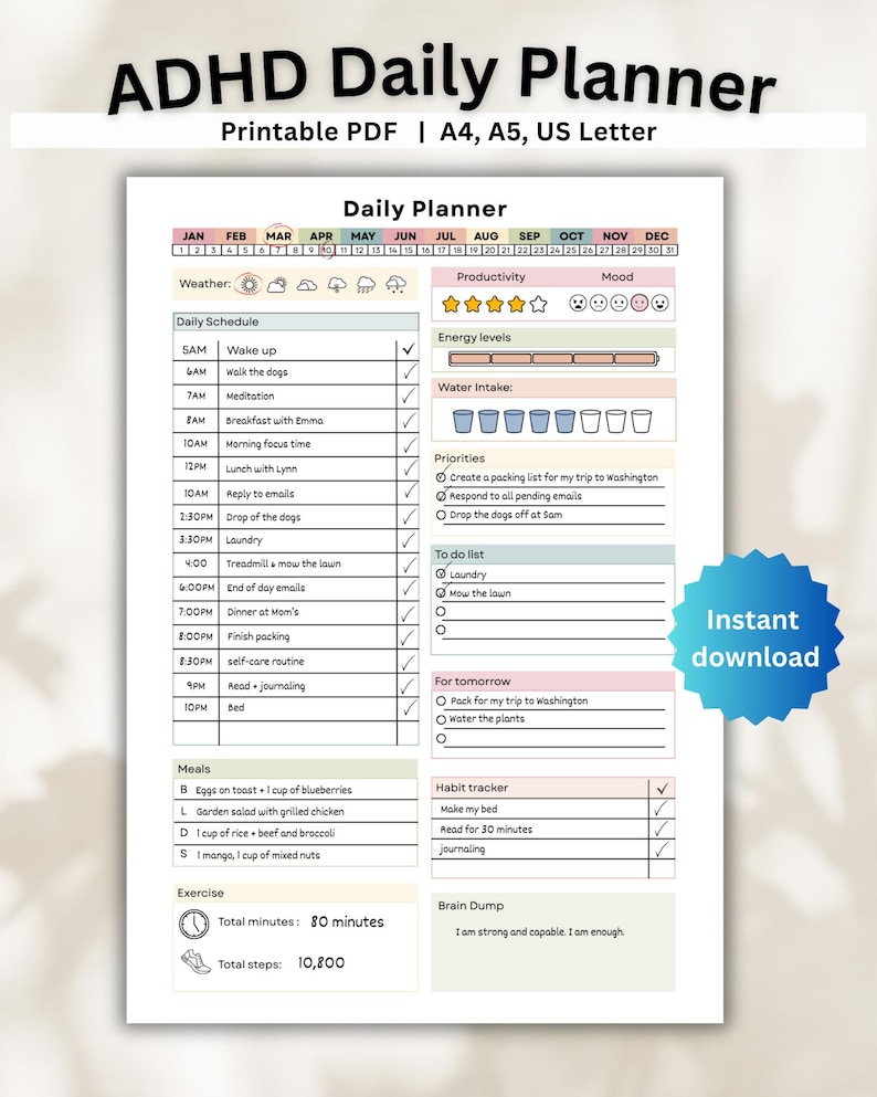 May include: ADHD Daily Planner printable PDF in US Letter size. The white planner includes sections for daily schedule, priorities, to-do list, meals, exercise, and a habit tracker. It features a weather section, productivity and mood trackers, and a brain dump area.