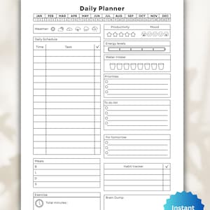May include: Black and white printable PDF daily planner. Features sections for daily schedule, weather, productivity, mood, water intake, priorities, to-do list, meals, exercise, and a habit tracker. Includes the text "Instant download".