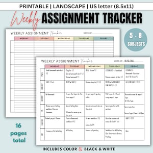Könnte beinhalten: Druckbarer Wochenaufgaben-Tracker im US-Letter-Format (8,5x11). Das Design umfasst ein Kalenderlayout mit Abschnitten für Fächer, Daten und Aufgaben. Der Text enthält "Weekly Assignment Tracker", "5-8 Subjects" und "Includes Color & Black & White."