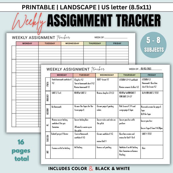 Weekly Assignment Tracker Printable, Homeschool Planner, Student planner, Homework Planner, Middle School, High School Planner, Landscape