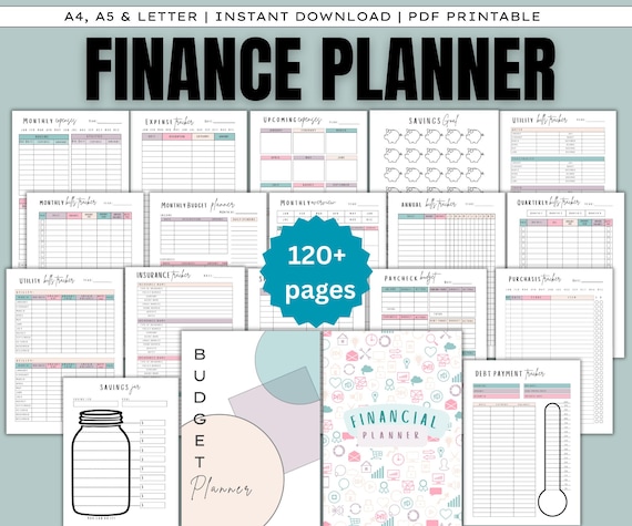 Finance Planner Bundle -Budget Planner Templates, Financial Savings Tracker Printable Binder, Monthly Debt, Bill, Spending, Expenses Tracker