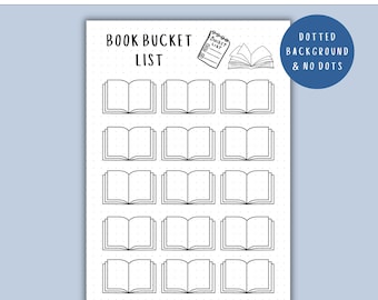 May include: A printable book bucket list with a dotted background. The design includes the text "BOOK BUCKET LIST" and illustrations of open books and a checklist. The text "INSTANT DOWNLOAD" and "PDF PRINTABLES" are also included.