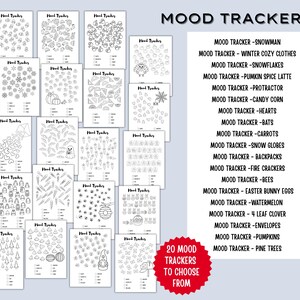 May include: A collection of 20 black and white mood tracker templates. Each template features a different theme, such as snowflakes, pumpkins, and bees. The text "MOOD TRACKERS" and a list of themes are also visible.