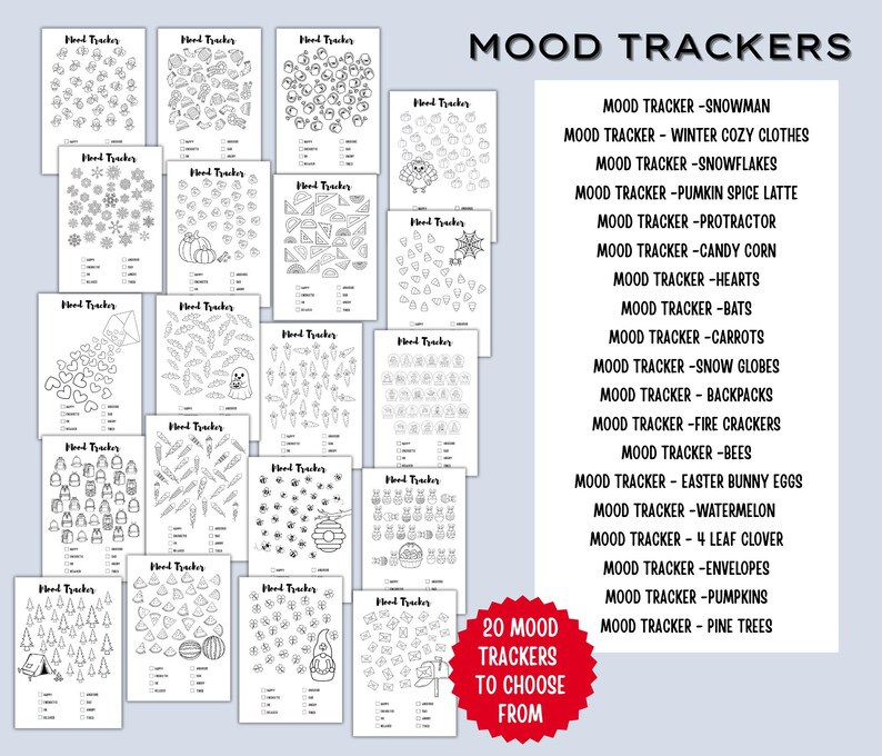 May include: A collection of 20 black and white mood tracker templates. Each template features a different theme, such as snowflakes, pumpkins, and bees. The text "MOOD TRACKERS" and a list of themes are also visible.