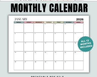 2026 Kalender 2026 Monatsplaner Querformat Druckbarer Monatskalender Sonntag Start Montag Start Wandkalender Monatlich A4 US Letter PDF