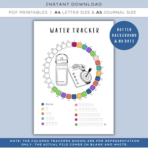 Op de afbeelding: Een afdrukbare watertracker met de tekst "WATER TRACKER" bovenaan. Het ontwerp omvat een cirkelvormige grafiek met nummers en gekleurde vierkanten, een illustratie van een waterfles en een klembord met een doel. De tekst "INSTANT DOWNLOAD" staat bovenaan.
