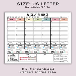 May include: A white weekly planner with a grid layout, featuring sections for each day of the week, water intake tracking, and a to-do list. The planner is 11 inches by 8.5 inches and includes the text "Weekly Planner".
