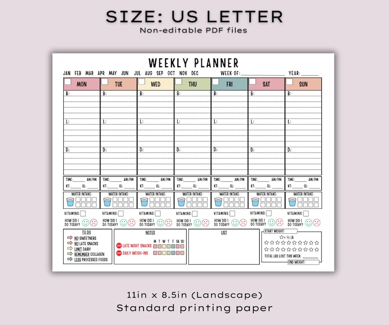 May include: A white weekly planner with a grid layout, featuring sections for each day of the week, water intake tracking, and a to-do list. The planner is 11 inches by 8.5 inches and includes the text "Weekly Planner".