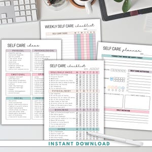 May include: A collection of printable self-care planners and checklists. The designs include sections for physical, emotional, and social well-being, with space for daily and weekly tracking. The phrase "Instant Download" is at the bottom.
