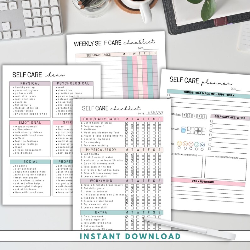 May include: A collection of printable self-care planners and checklists. The designs include sections for physical, emotional, and social well-being, with space for daily and weekly tracking. The phrase "Instant Download" is at the bottom.