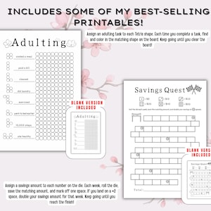 Op de afbeelding: Twee zwart-wit printbare activiteitenbladen getiteld Adulting en Savings Quest. Het Adulting-blad bevat Tetris-achtige vormen voor taakregistratie, terwijl het Savings Quest-blad een spelbord bevat voor het bijhouden van spaardoelen.