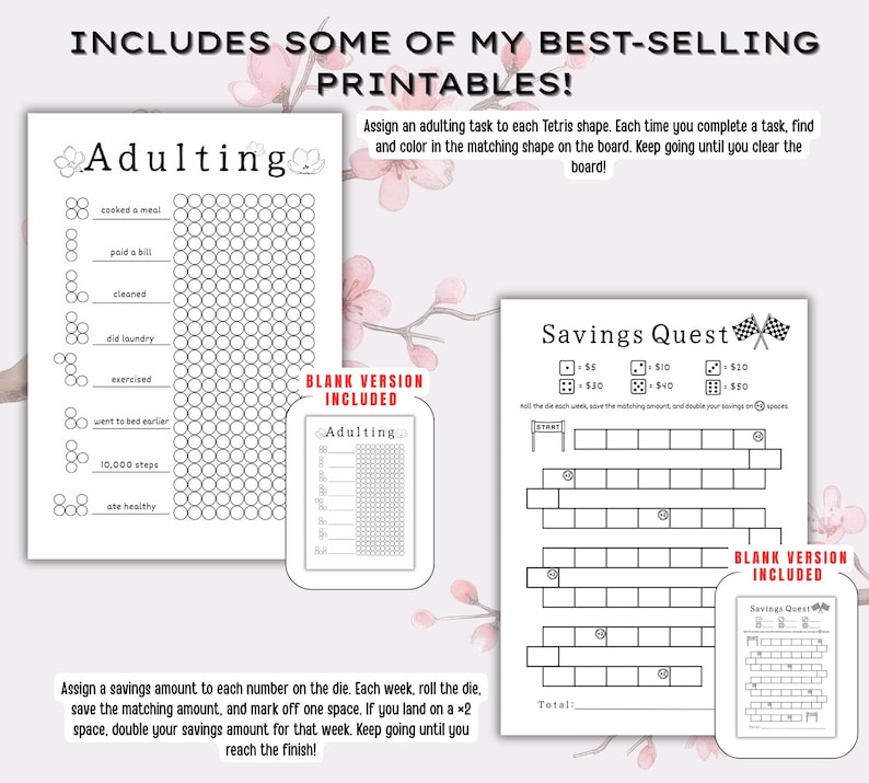 Op de afbeelding: Twee zwart-wit printbare activiteitenbladen getiteld Adulting en Savings Quest. Het Adulting-blad bevat Tetris-achtige vormen voor taakregistratie, terwijl het Savings Quest-blad een spelbord bevat voor het bijhouden van spaardoelen.