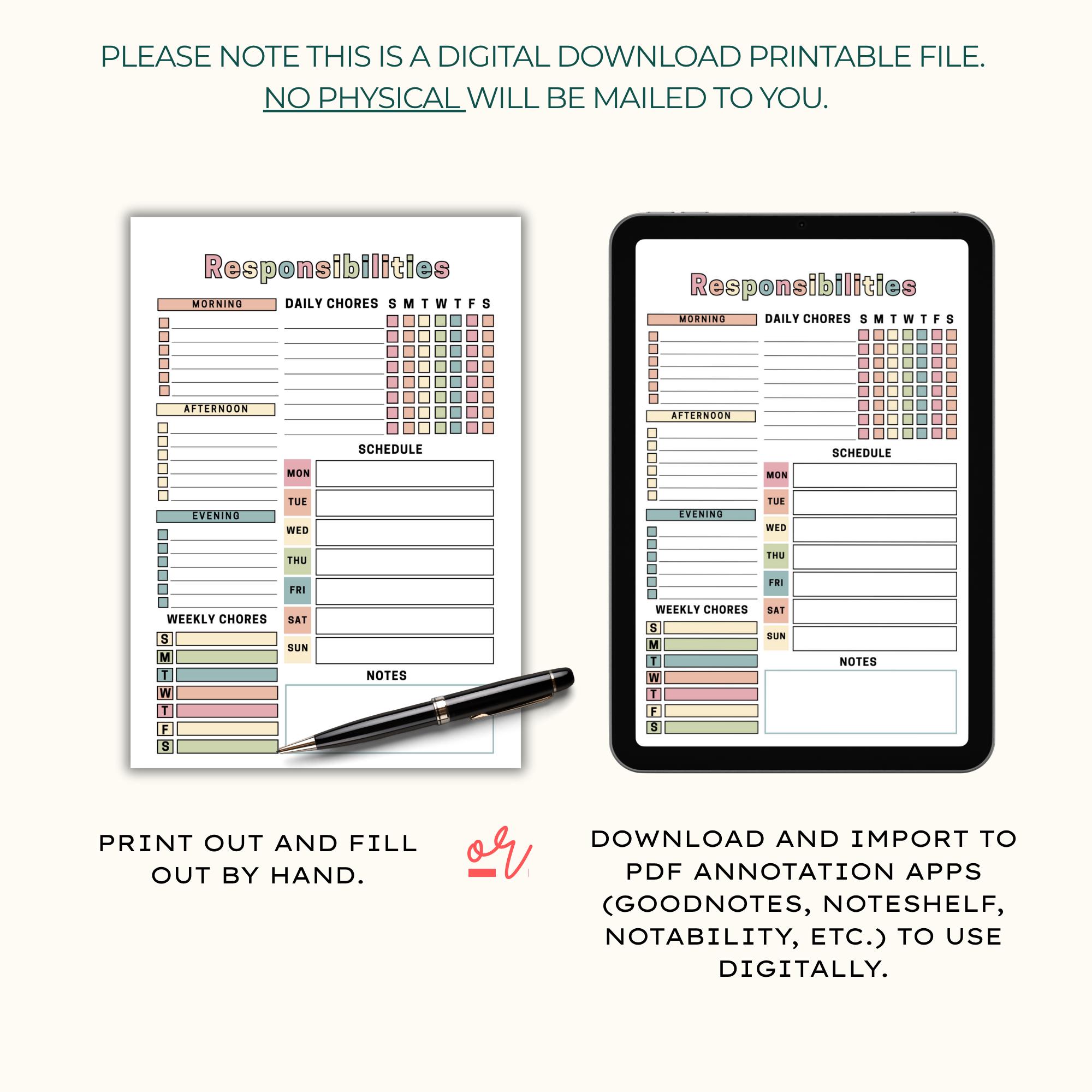Editable Responsibility Checklist, Kids Teens Tweens Pre-teens Daily ...