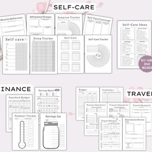 Op de afbeelding: Een verzameling printbare plannerpagina's georganiseerd in drie categorie&euml;n: Self-Care, Finance en Travel. De zwart-wit vellen bevatten diverse trackers, checklists en budgetformulieren met koppen zoals Monthly Reflections, Sleep Tracker, Savings Quest en Travel Details.