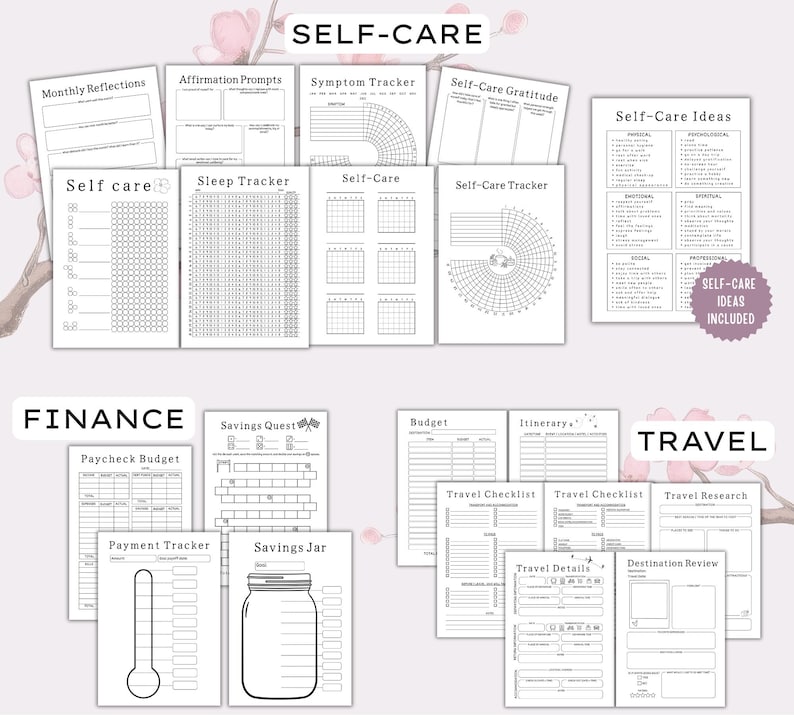 Op de afbeelding: Een verzameling printbare plannerpagina's georganiseerd in drie categorie&euml;n: Self-Care, Finance en Travel. De zwart-wit vellen bevatten diverse trackers, checklists en budgetformulieren met koppen zoals Monthly Reflections, Sleep Tracker, Savings Quest en Travel Details.