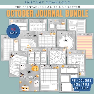 May include: A collection of printable PDF pages for an October journal bundle. The pages include habit trackers, budget sheets, and daily affirmation templates. The design features Halloween-themed illustrations, including pumpkins, ghosts, and spiders. The bundle includes 40 pages.