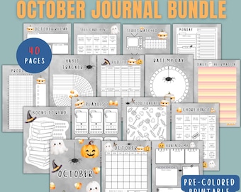 May include: A collection of printable PDF pages for an October journal bundle. The pages include habit trackers, budget sheets, and daily affirmation templates. The design features Halloween-themed illustrations, including pumpkins, ghosts, and spiders. The bundle includes 40 pages.