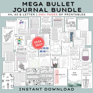 Puede incluir: Un paquete digital de bullet journal con más de 240 páginas imprimibles para 2026 y 2027. La colección incluye varios rastreadores para el estado de ánimo, hábitos, ahorros y productividad, junto con calendarios, registros de lectura y planificadores.