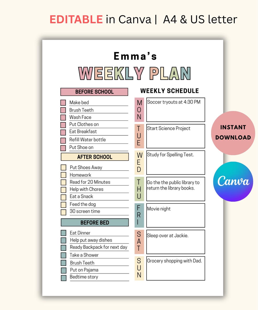Editable Weekly Chore Chart Kids Teens Tweens Pre-teens Daily and ...