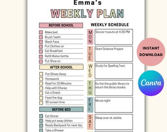 Tabla de tareas semanales editable para niños, adolescentes, preadolescentes y preadolescentes. Lista de responsabilidades diarias y semanales. Cronograma de tareas domésticas para adolescentes.