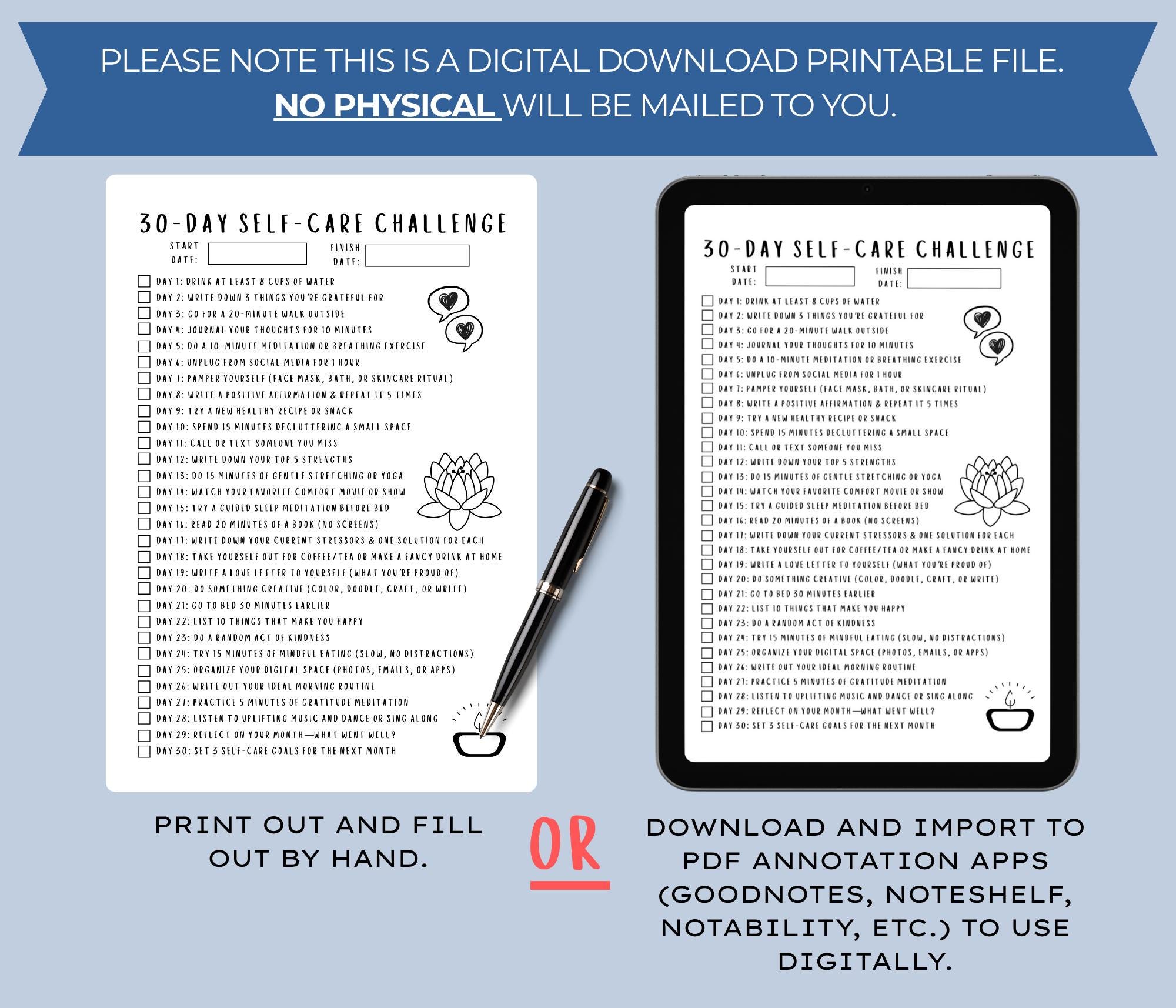 Self Care Challenge - PRINTABLE Journal Page - Planner Page - 30 Day ...