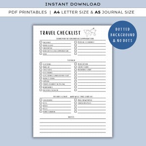 May include: A printable travel checklist with a dotted background. The checklist includes sections for transportation, accommodation, and packing essentials. Text includes "Instant Download", "PDF Printables", and "A4 Letter Size & A5 Journal Size".