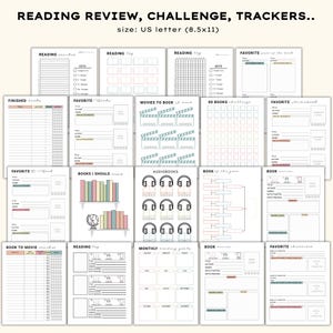 May include: A collection of printable reading trackers and review sheets on US letter size paper. The sheets include sections for tracking books read, favorite books, movies to book, audiobooks, and reading challenges. The text includes "READING REVIEW, CHALLENGE, TRACKERS."
