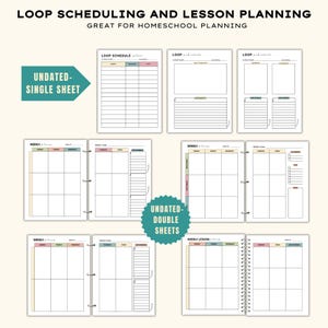 May include: A collection of undated homeschool planning pages. The pages include loop schedules, weekly plans, and lesson planning templates. The text includes "Loop Scheduling and Lesson Planning" and "Great for Homeschool Planning". The pages are in a binder.