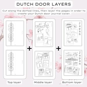 Op de afbeelding: Een printbare Dutch door journal cover set bestaande uit drie lagen met zwart-wit lijntekeningen. De bovenste laag toont lantaarns met de jaartallen 2026 en 2027. De middelste laag toont reisthema polaroid schetsen. De onderste laag bevat Japan-thema illustraties en de tekst Japan.