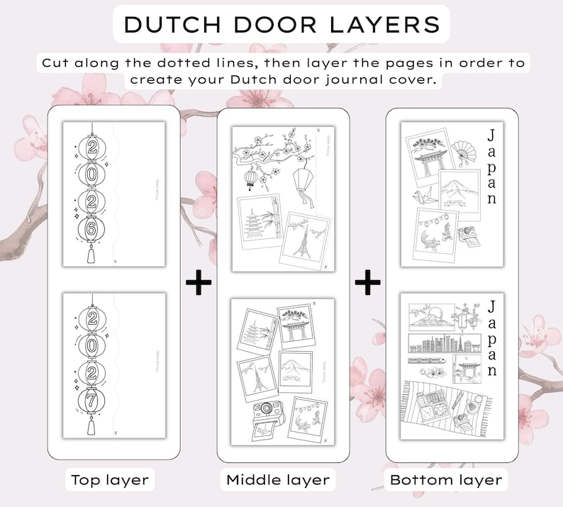 Op de afbeelding: Een printbare Dutch door journal cover set bestaande uit drie lagen met zwart-wit lijntekeningen. De bovenste laag toont lantaarns met de jaartallen 2026 en 2027. De middelste laag toont reisthema polaroid schetsen. De onderste laag bevat Japan-thema illustraties en de tekst Japan.
