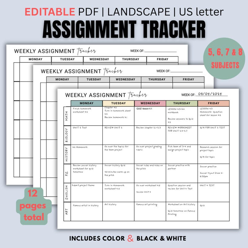 Weekly Homework Trackers - Etsy