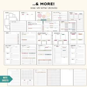 May include: A collection of printable planner pages with various layouts for vision, gratitude, daily planning, brainstorming, and more. The pages are in US letter size (8.5x11) and feature a minimalist design with pastel color accents.
