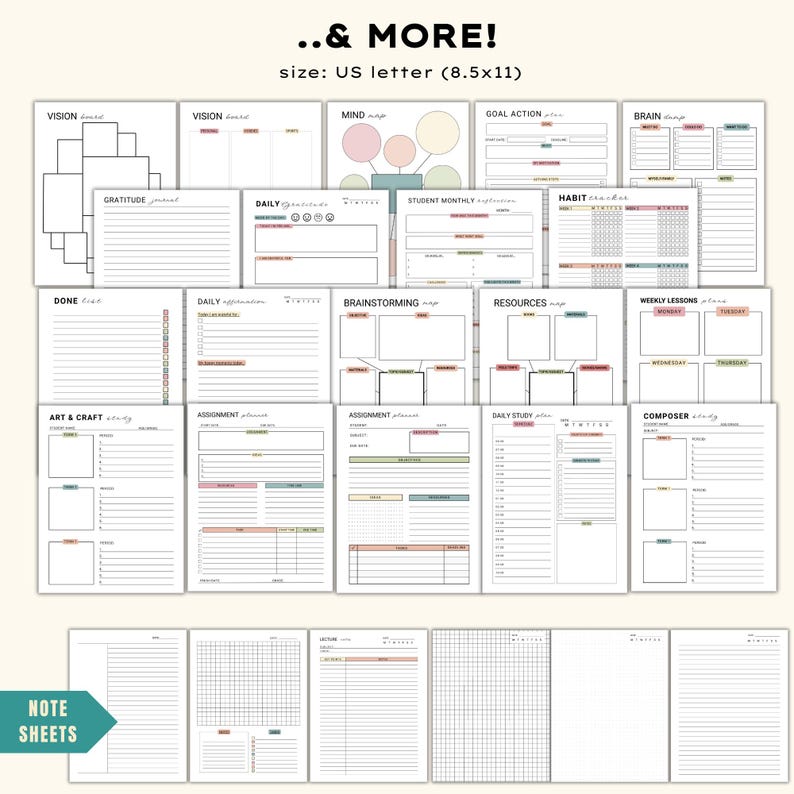 May include: A collection of printable planner pages with various layouts for vision, gratitude, daily planning, brainstorming, and more. The pages are in US letter size (8.5x11) and feature a minimalist design with pastel color accents.