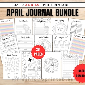 April Journal Bundle - Easter Theme, April Planner Printable, Calendar Agenda, Habit & Mood Tracker, Journal Pages, PDF A4 A5, Printable