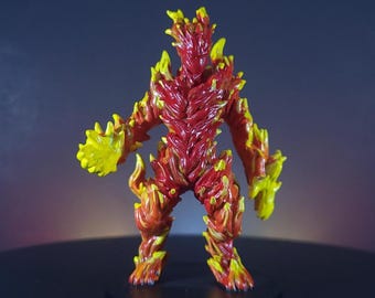 May include: A detailed figurine of a humanoid creature with a fiery appearance. The figure is predominantly red with yellow accents, resembling flames. The design includes intricate details, suggesting a fantasy or mythical theme.