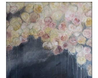 May include: An abstract painting featuring a cluster of soft, round flowers in shades of cream, pink, and yellow. The flowers are set against a dark blue background with white dripped paint, creating a dreamy, artistic effect.