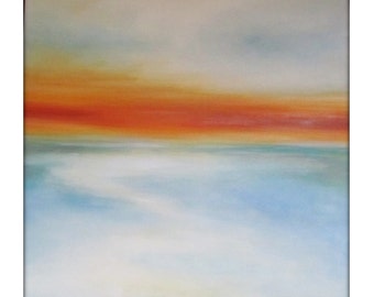 Large Abstract Painting on Canvas Modern Acrylic Skyline- 40x40- Oranges, White, Grays, Blues and more