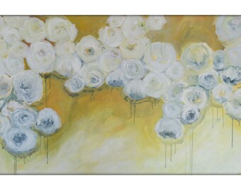 Large Abstract Original Flower Painting on Canvas Modern Acrylic Painting - 30x48 -Yellow, Gold, Blue, Cream, White