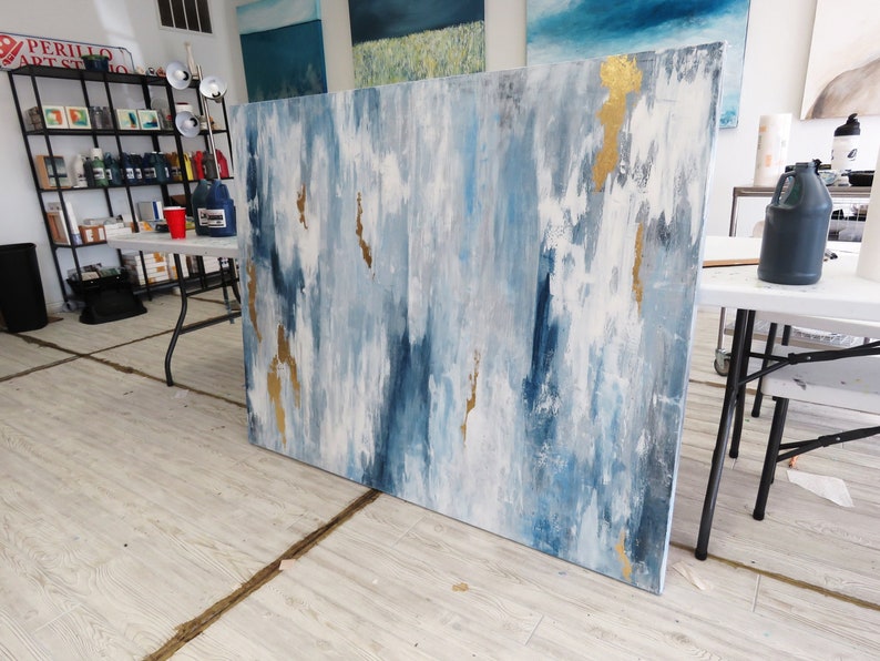 Large Abstract Original Painting on Canvas Contemporary/modern Painting 48x60 Gray, Blue, Gold