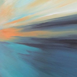 May include: Abstract painting with horizontal brushstrokes in shades of blue, teal, orange, and yellow. The colors blend together to create a sense of depth and movement.
