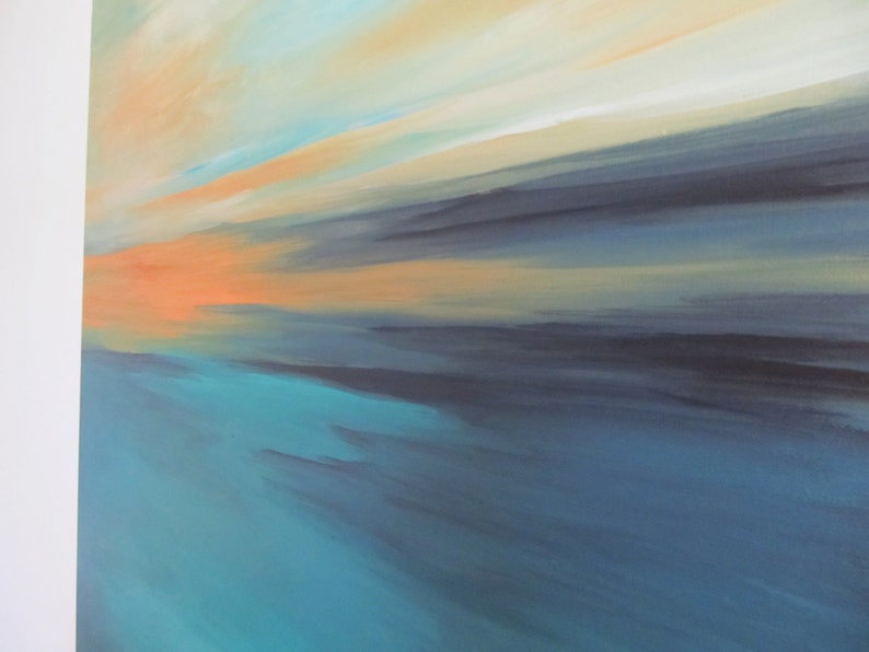 May include: Abstract painting with horizontal brushstrokes in shades of blue, teal, orange, and yellow. The colors blend together to create a sense of depth and movement.