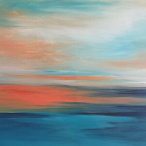 May include: Abstract painting with a blue, teal, and orange color scheme. The painting depicts a sky with clouds and a body of water.