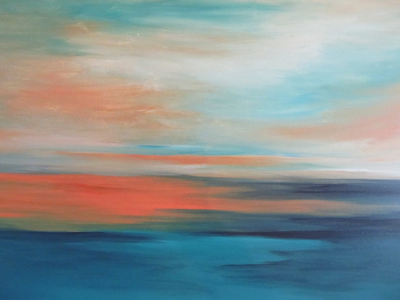 May include: Abstract painting with a blue, teal, and orange color scheme. The painting depicts a sky with clouds and a body of water.