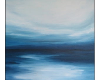 Large Abstract Painting on Canvas Modern Acrylic Skyline- 48x48- Blues Blue-Greens and White