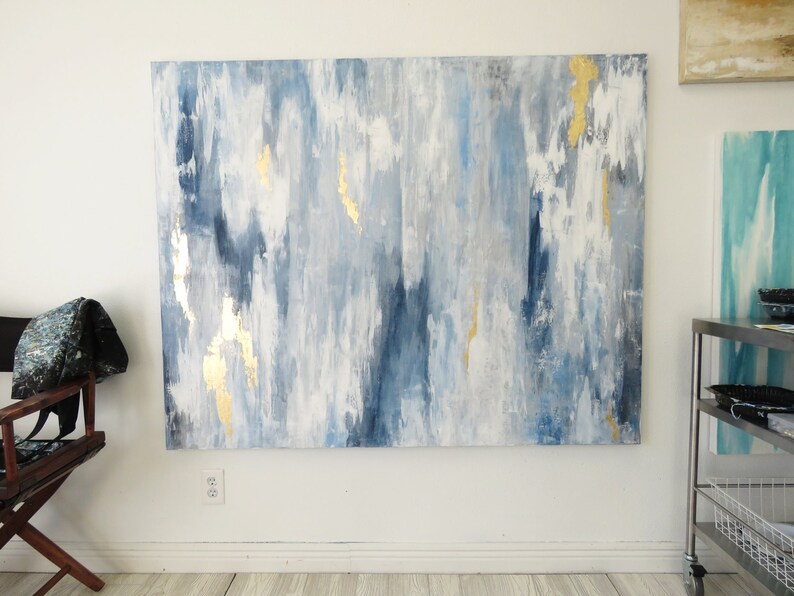 Large Abstract Original Painting on Canvas Contemporary/modern Painting 48x60 Gray, Blue, Gold