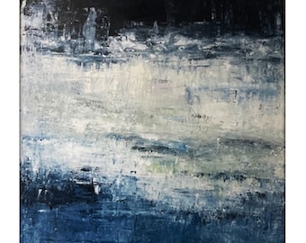 Abstract Seascape Painting on Canvas – 36x36 Navy, Cream, Blue