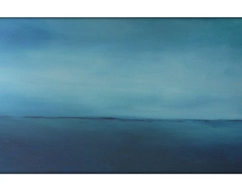 Large Abstract Painting on Canvas Modern Acrylic Skyline- 24x48- Grays, Blues, Whites and more