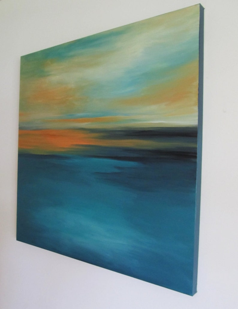 May include: Abstract painting on canvas with a blue, green, and orange color scheme. The painting depicts a seascape with a horizon line and clouds in the sky.