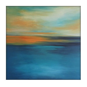 May include: Abstract painting with a blue, green, and orange color scheme. The painting depicts a landscape with a horizon line and a sky with clouds.