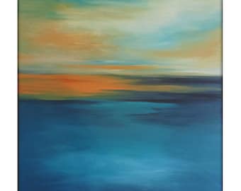 Large Abstract Painting on Canvas Modern Acrylic Skyline- 36x36- Blue-Greens, Oranges, White and more